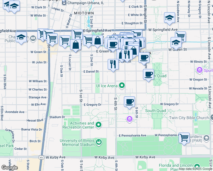 map of restaurants, bars, coffee shops, grocery stores, and more near 310 East Chalmers Street in Champaign