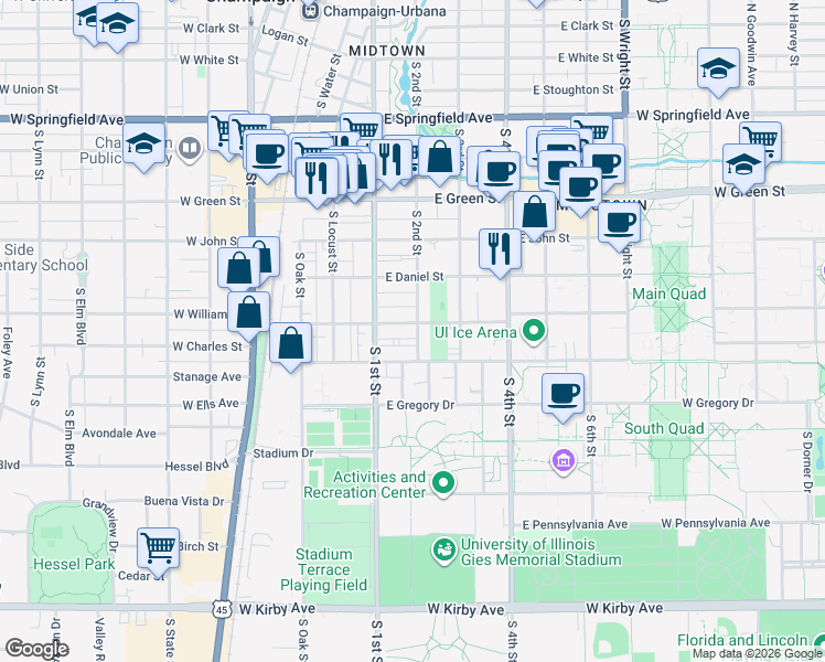 map of restaurants, bars, coffee shops, grocery stores, and more near 907 South 2nd Street in Champaign