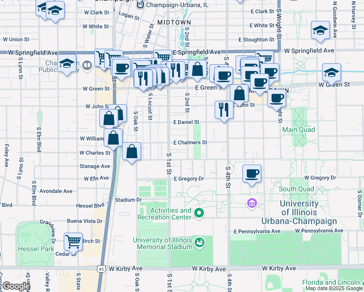 map of restaurants, bars, coffee shops, grocery stores, and more near 907 South 2nd Street in Champaign
