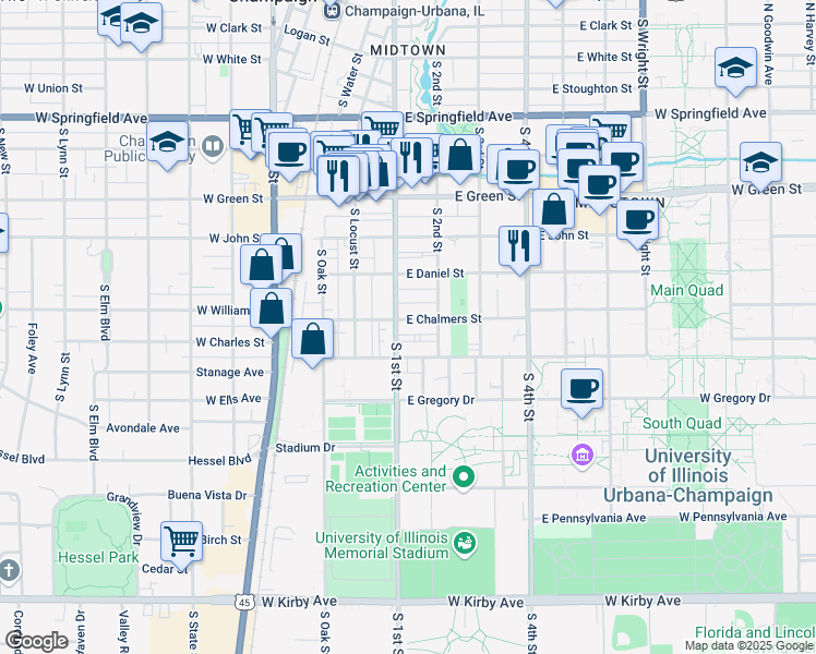 map of restaurants, bars, coffee shops, grocery stores, and more near 907 South 2nd Street in Champaign
