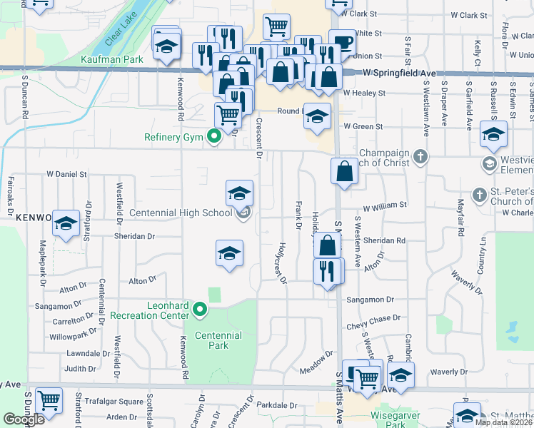 map of restaurants, bars, coffee shops, grocery stores, and more near 910 Crescent Drive in Champaign