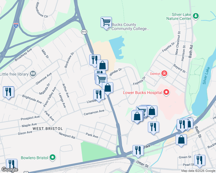 map of restaurants, bars, coffee shops, grocery stores, and more near 603 Winder Drive in Bristol