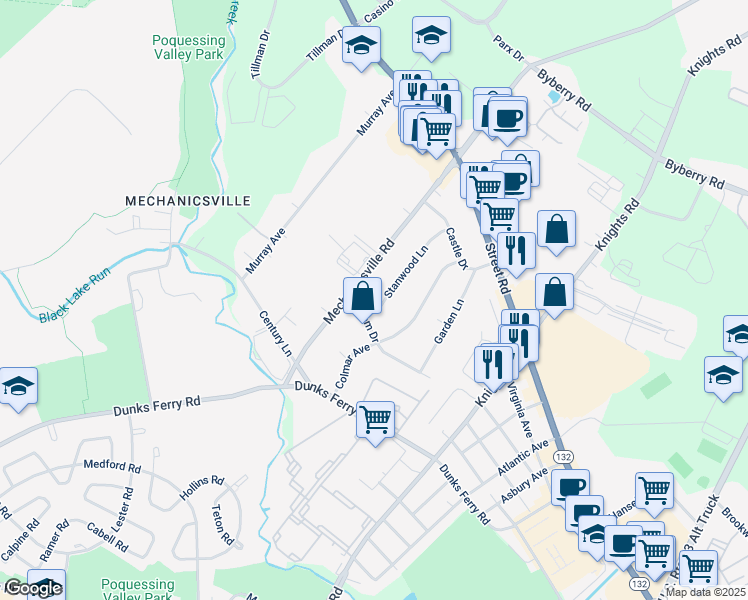 map of restaurants, bars, coffee shops, grocery stores, and more near 2718 Stanwood Lane in Bensalem