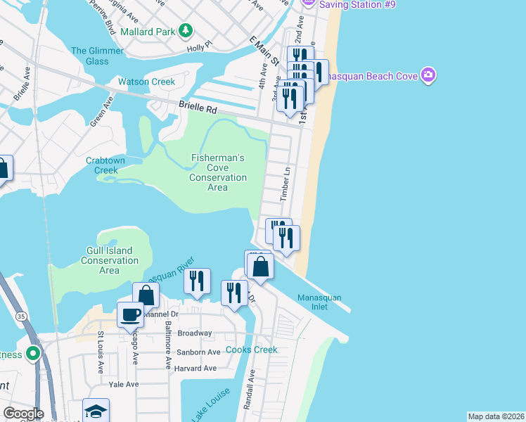 map of restaurants, bars, coffee shops, grocery stores, and more near 383 3rd Avenue in Manasquan