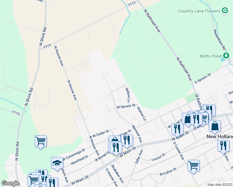 map of restaurants, bars, coffee shops, grocery stores, and more near 226 Elm Circle in New Holland