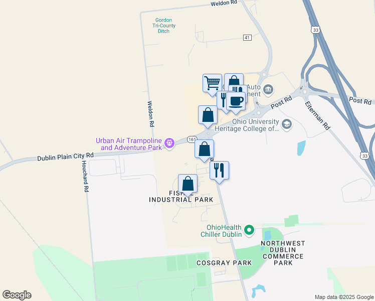 map of restaurants, bars, coffee shops, grocery stores, and more near 7515 Dublin Plain City Road in Dublin