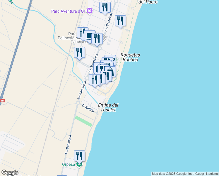 map of restaurants, bars, coffee shops, grocery stores, and more near 102 Passeig Marítim del Mediterrani in Orpesa