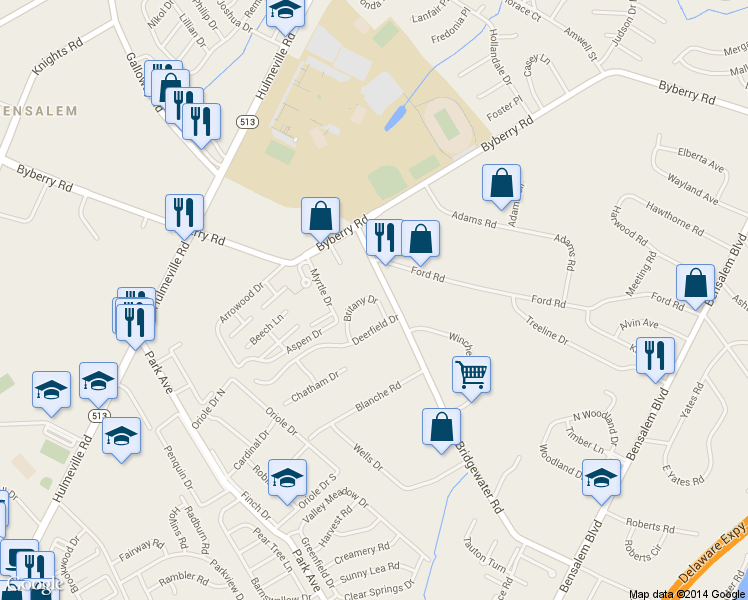 map of restaurants, bars, coffee shops, grocery stores, and more near 1629 Britany Drive in Bensalem