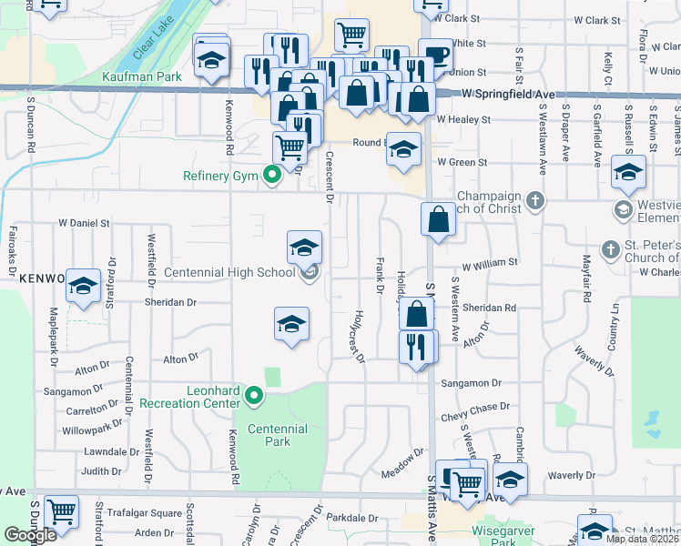 map of restaurants, bars, coffee shops, grocery stores, and more near 910 Crescent Drive in Champaign