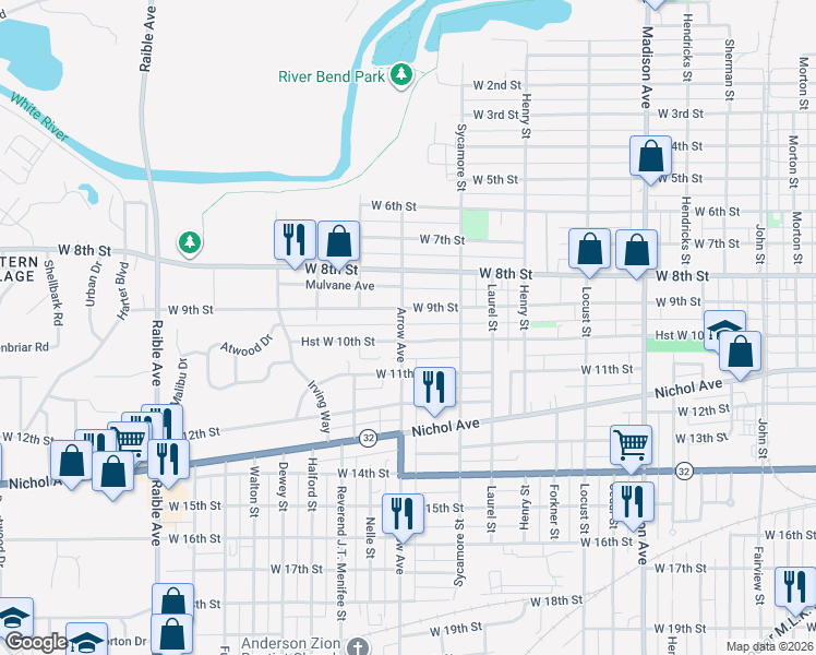 map of restaurants, bars, coffee shops, grocery stores, and more near 1644 West 9th Street in Anderson