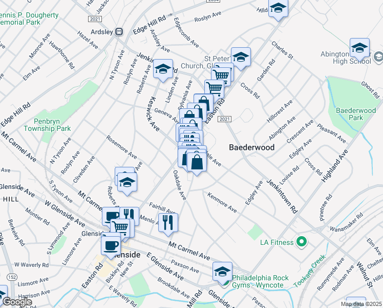map of restaurants, bars, coffee shops, grocery stores, and more near 291 North Keswick Avenue in Glenside