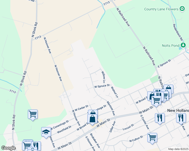 map of restaurants, bars, coffee shops, grocery stores, and more near 226 Elm Circle in New Holland