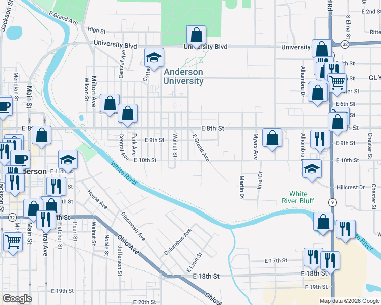 map of restaurants, bars, coffee shops, grocery stores, and more near 901 Chestnut Street in Anderson