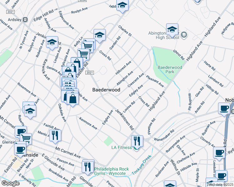 map of restaurants, bars, coffee shops, grocery stores, and more near 526 Crescent Avenue in Glenside