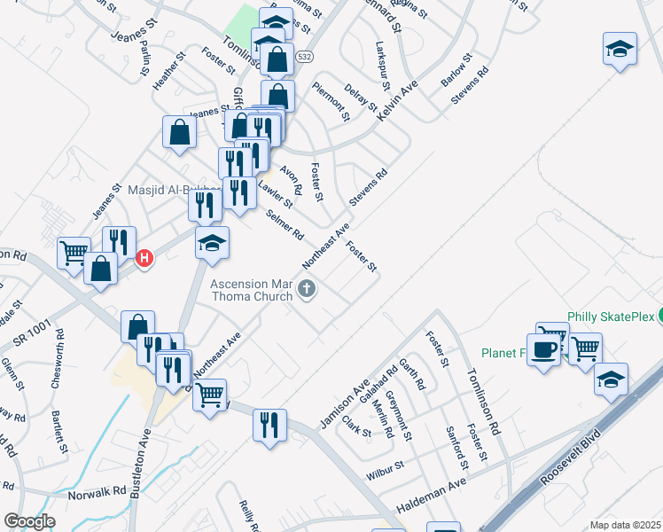 map of restaurants, bars, coffee shops, grocery stores, and more near 10214 Murty Lane in Philadelphia