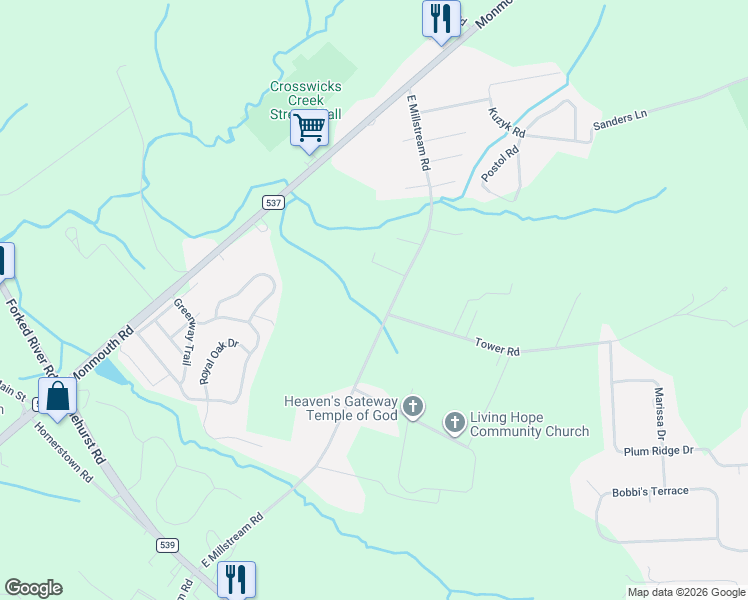 map of restaurants, bars, coffee shops, grocery stores, and more near 373 East Millstream Road in Plumsted