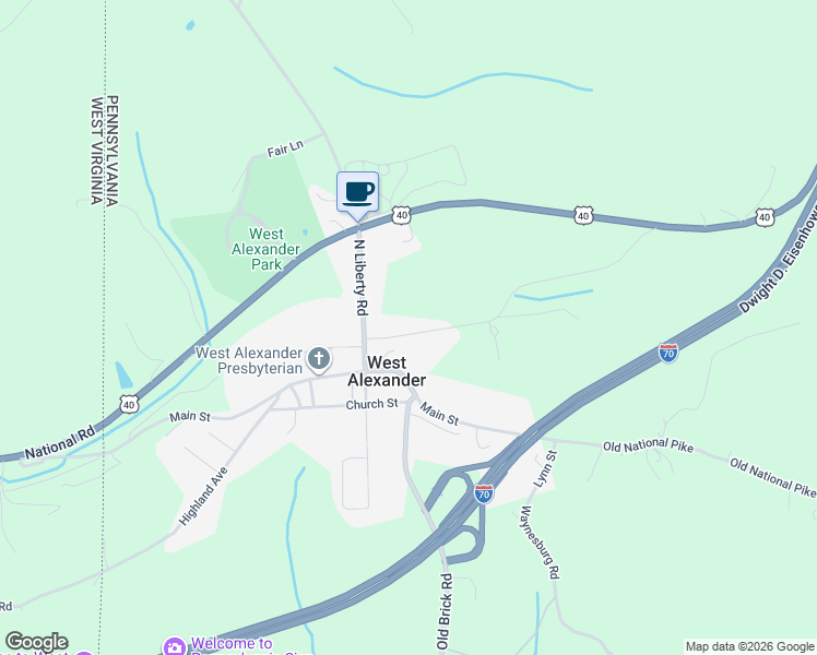 map of restaurants, bars, coffee shops, grocery stores, and more near 26 U.S. 40 in West Alexander