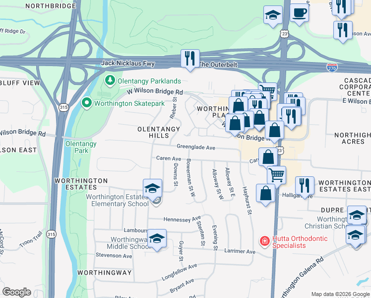 map of restaurants, bars, coffee shops, grocery stores, and more near 219 Saint Jacques Street in Worthington