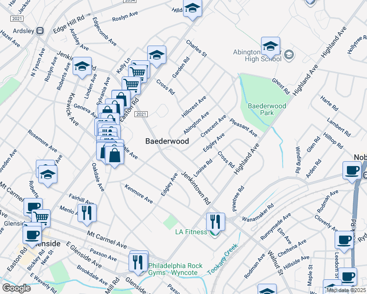 map of restaurants, bars, coffee shops, grocery stores, and more near 526 Crescent Avenue in Glenside