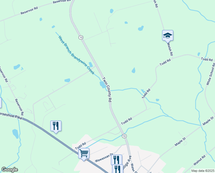 map of restaurants, bars, coffee shops, grocery stores, and more near 1038 Twin County Road in Honey Brook