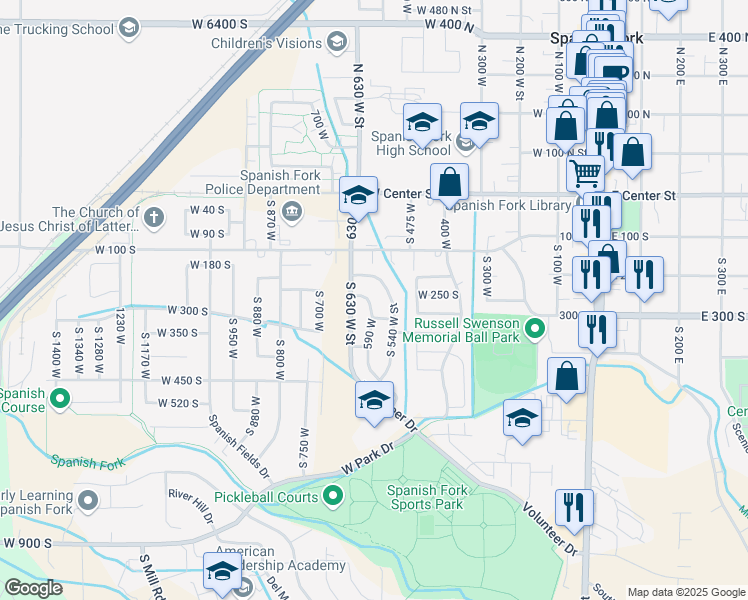 map of restaurants, bars, coffee shops, grocery stores, and more near 267 South 590 West in Spanish Fork