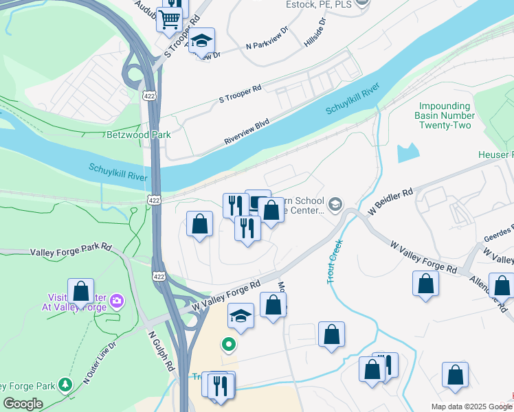 map of restaurants, bars, coffee shops, grocery stores, and more near 11017 Valley Forge Circle in King of Prussia
