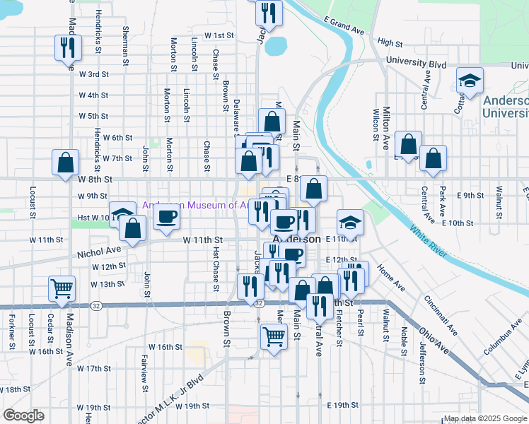 map of restaurants, bars, coffee shops, grocery stores, and more near 32 Hst W 10th Street in Anderson
