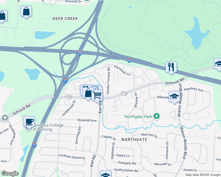 map of restaurants, bars, coffee shops, grocery stores, and more near 6761 Lancaster Lane in Columbus