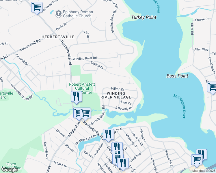 map of restaurants, bars, coffee shops, grocery stores, and more near 99 Hilltop Drive in Brick Township