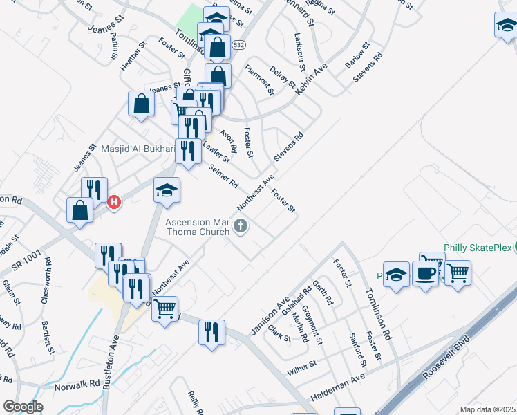 map of restaurants, bars, coffee shops, grocery stores, and more near 10214 Murty Lane in Philadelphia