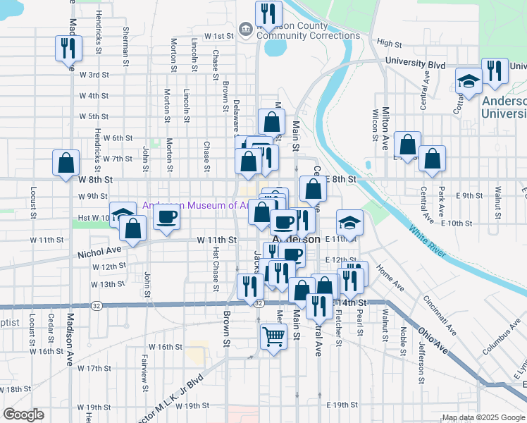 map of restaurants, bars, coffee shops, grocery stores, and more near 32 Hst W 10th Street in Anderson