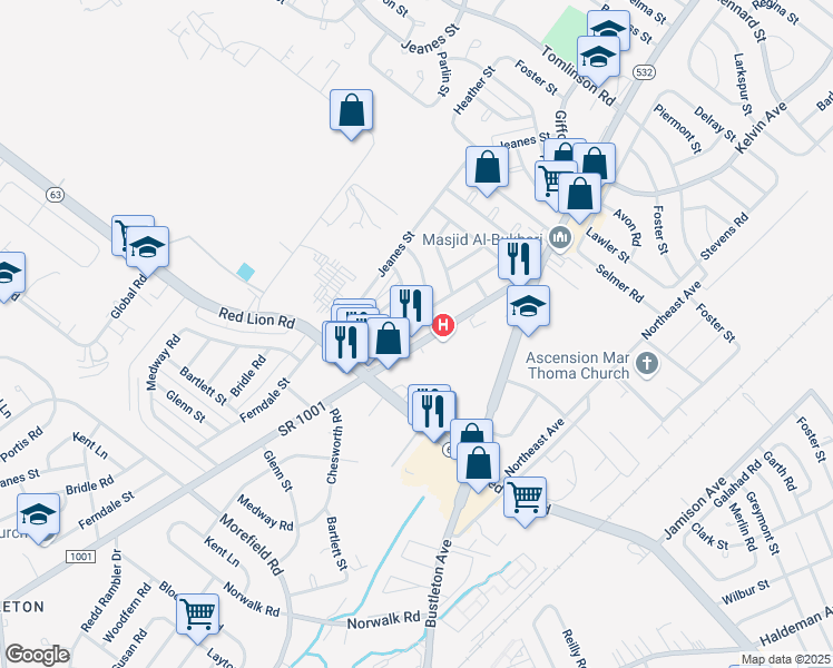 map of restaurants, bars, coffee shops, grocery stores, and more near 10048 Ferndale Street in Philadelphia