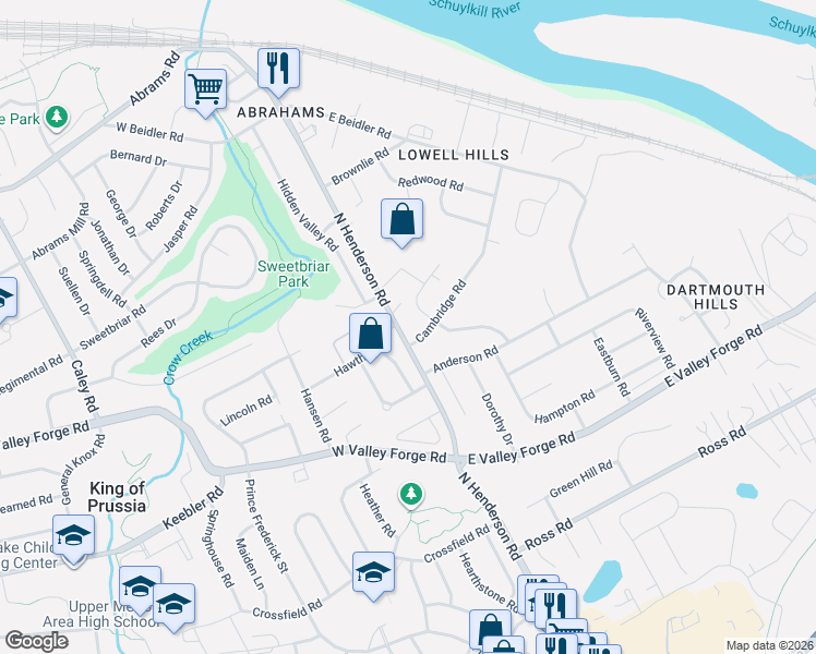 map of restaurants, bars, coffee shops, grocery stores, and more near 555 Dartmouth Drive in King of Prussia