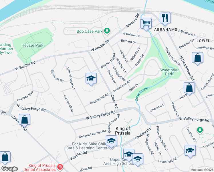 map of restaurants, bars, coffee shops, grocery stores, and more near 711 Suellen Drive in King of Prussia