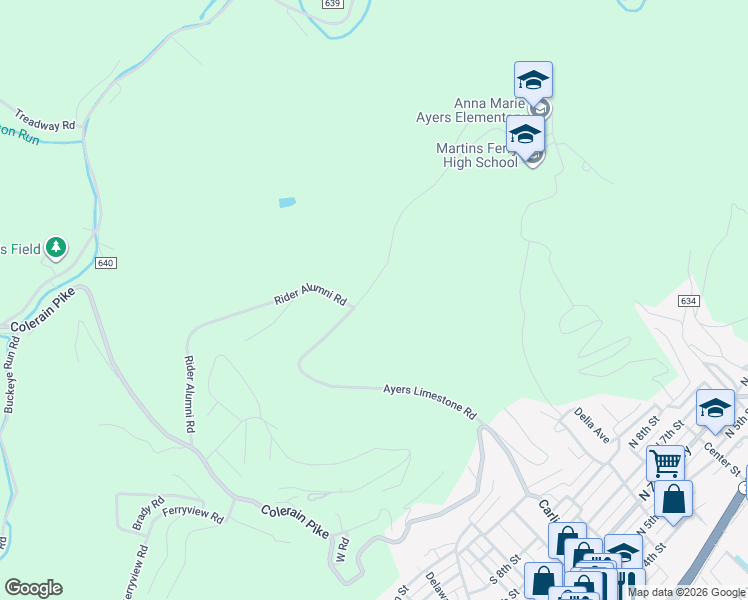 map of restaurants, bars, coffee shops, grocery stores, and more near Ayers Limestone Road in Martins Ferry