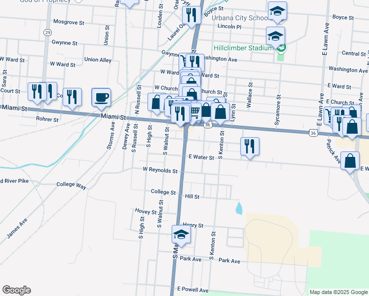 map of restaurants, bars, coffee shops, grocery stores, and more near 15 Monument Square in Urbana