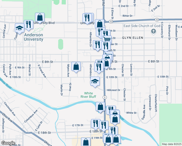 map of restaurants, bars, coffee shops, grocery stores, and more near 2020 East 9th Street in Anderson