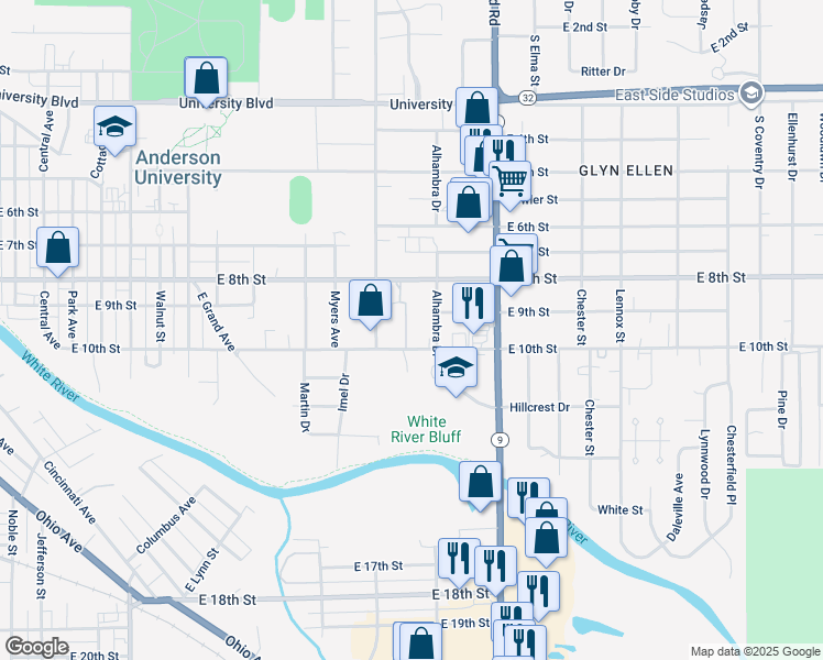 map of restaurants, bars, coffee shops, grocery stores, and more near 1823 East 8th Street in Anderson