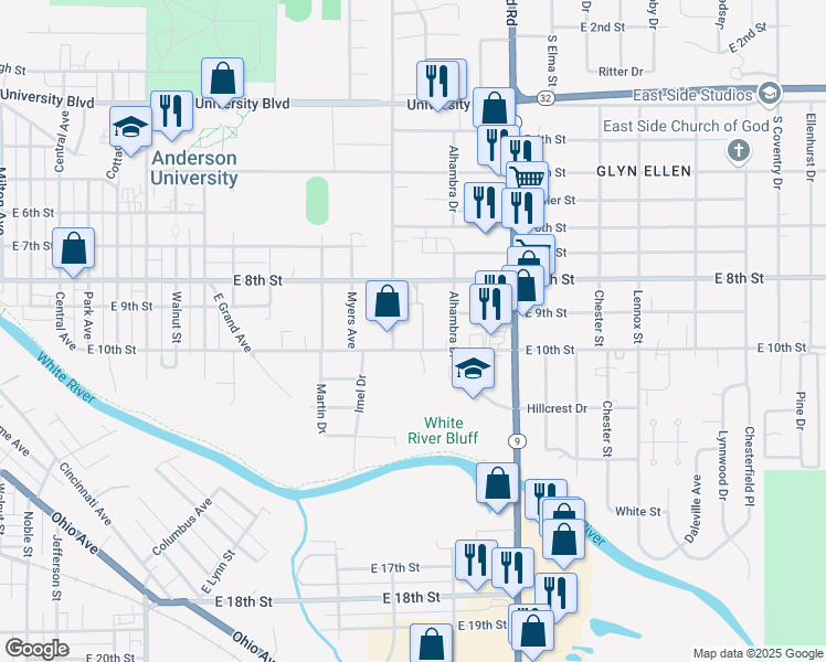 map of restaurants, bars, coffee shops, grocery stores, and more near 1823 East 8th Street in Anderson