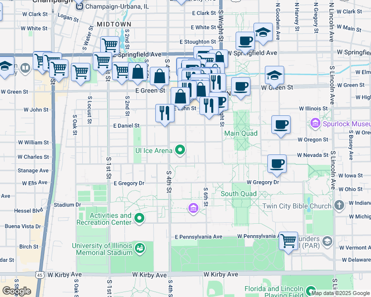 map of restaurants, bars, coffee shops, grocery stores, and more near 912 South 5th Street in Champaign