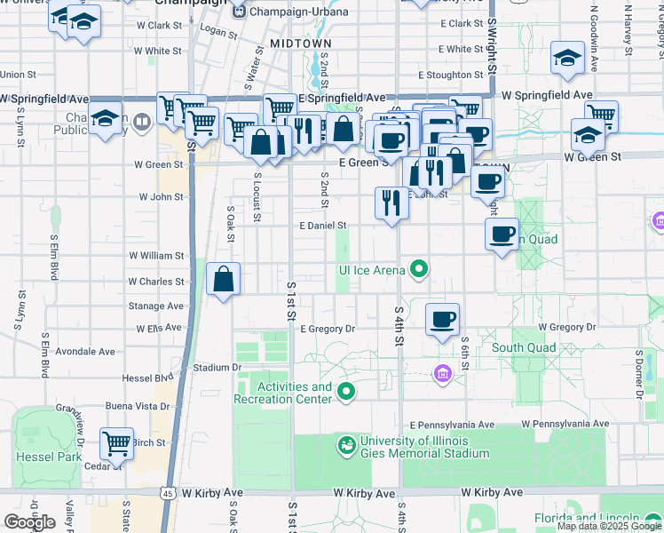 map of restaurants, bars, coffee shops, grocery stores, and more near 909 South 3rd Street in Champaign