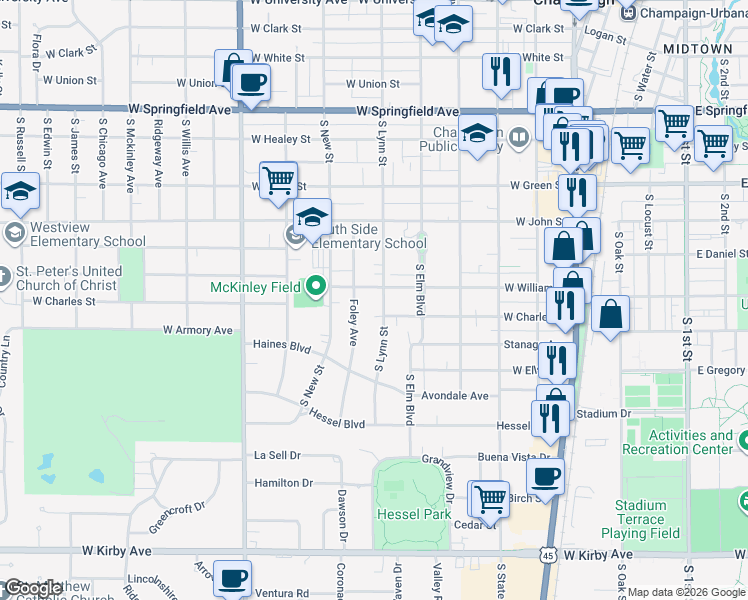 map of restaurants, bars, coffee shops, grocery stores, and more near 726 Foley Avenue in Champaign
