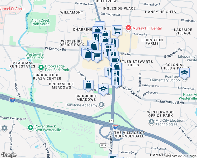 map of restaurants, bars, coffee shops, grocery stores, and more near Lancelot Lane in Westerville