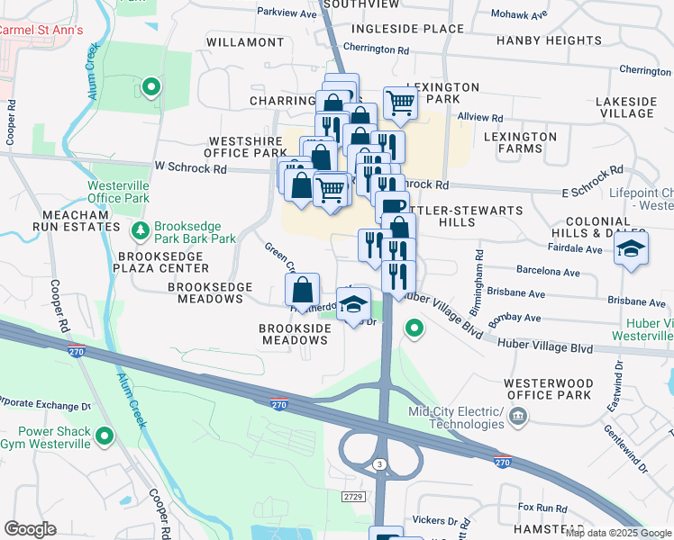 map of restaurants, bars, coffee shops, grocery stores, and more near Lancelot Lane in Westerville
