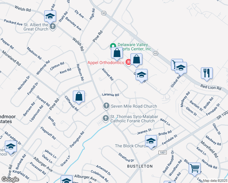 map of restaurants, bars, coffee shops, grocery stores, and more near 593 Remsen Road in Philadelphia