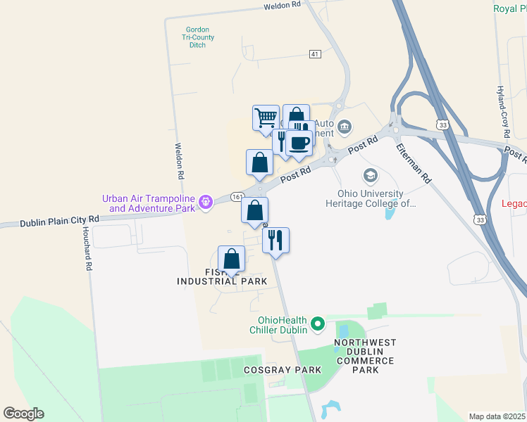 map of restaurants, bars, coffee shops, grocery stores, and more near 7455 Cosgray Road in Dublin