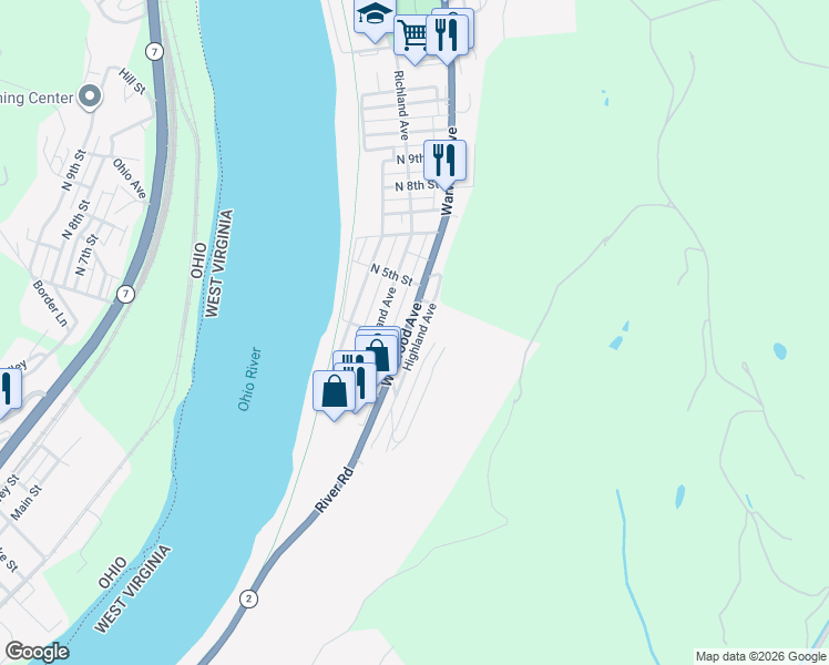map of restaurants, bars, coffee shops, grocery stores, and more near 419 Warwood Avenue in Wheeling