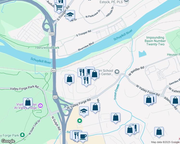 map of restaurants, bars, coffee shops, grocery stores, and more near 4000 West Valley Forge Circle in King of Prussia