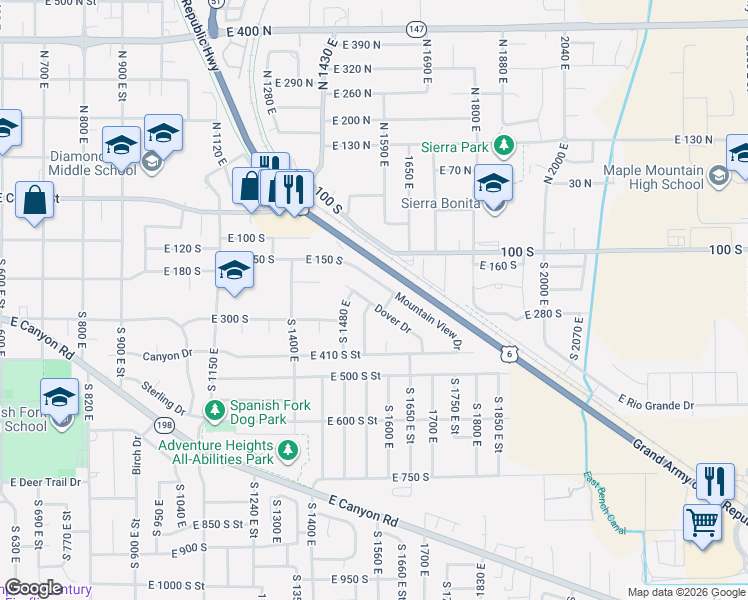 map of restaurants, bars, coffee shops, grocery stores, and more near 1533 Dover Drive in Spanish Fork