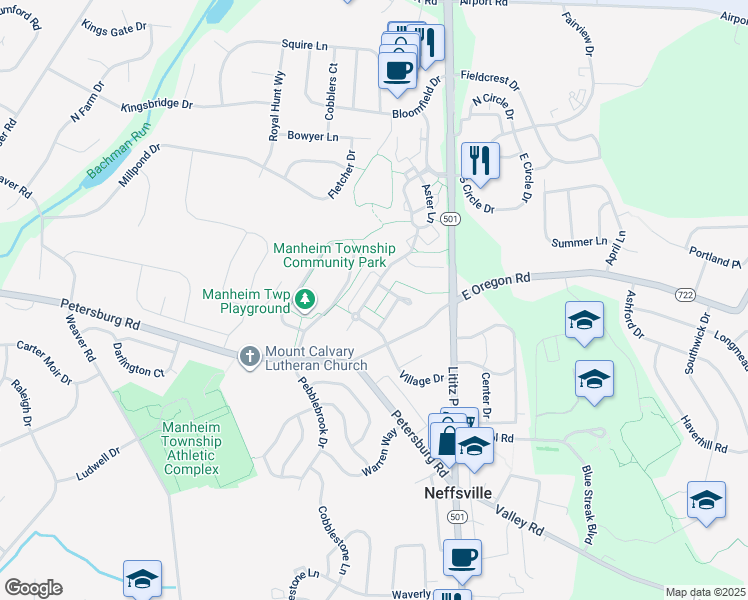 map of restaurants, bars, coffee shops, grocery stores, and more near 123 Baneberry Lane in Lititz